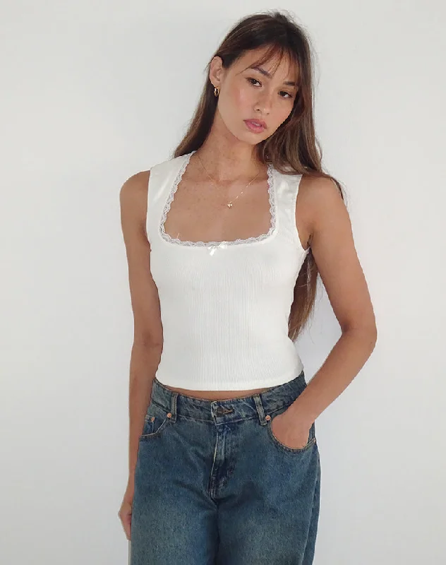 Jinila Top in Off White with Bow and Lace Trim