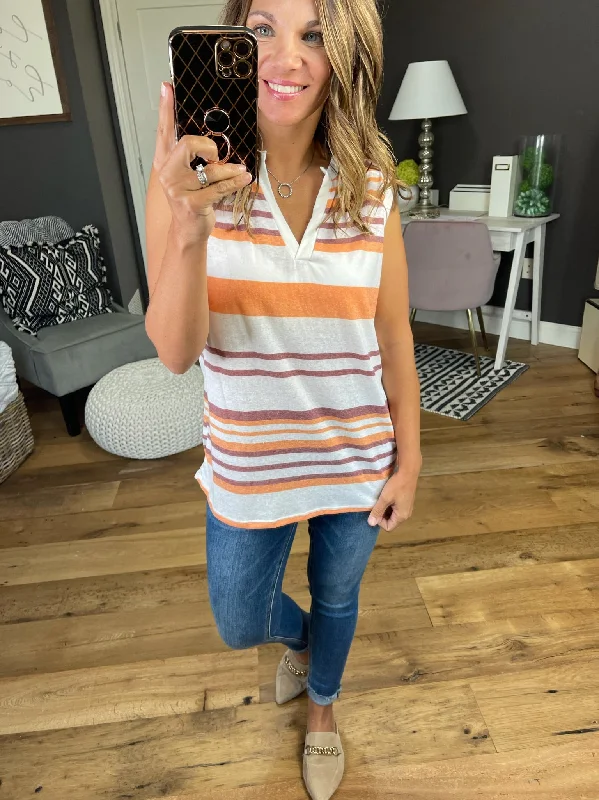 Vintage Snapshot Striped V-Neck Tank - Rust/Orange/Ivory