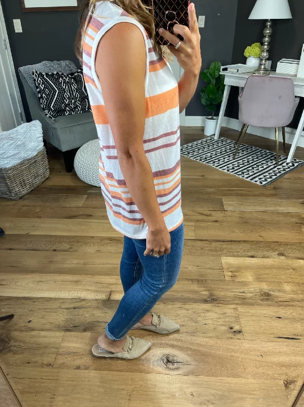 Vintage Snapshot Striped V-Neck Tank - Rust/Orange/Ivory