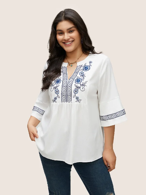 Boho Print Embroidered Gathered Notched Blouse