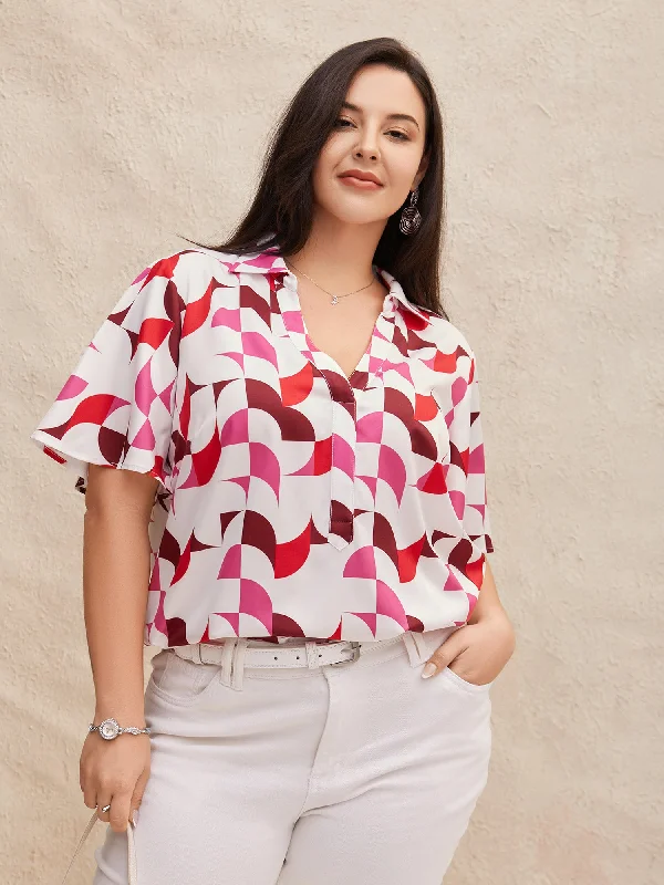 Contrast Geometric Shirt Collar Flutter Sleeve Blouse