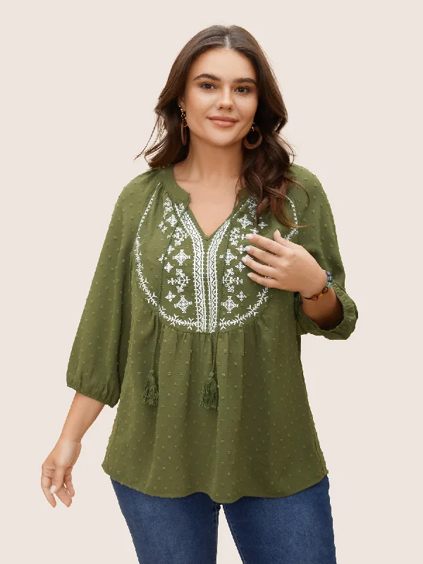 Embroidered Tie Knot Tassels Lantern Sleeve T-shirt