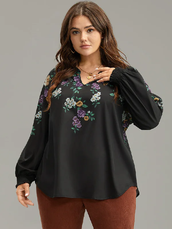 Floral Print Shirred Curved Hem Blouse