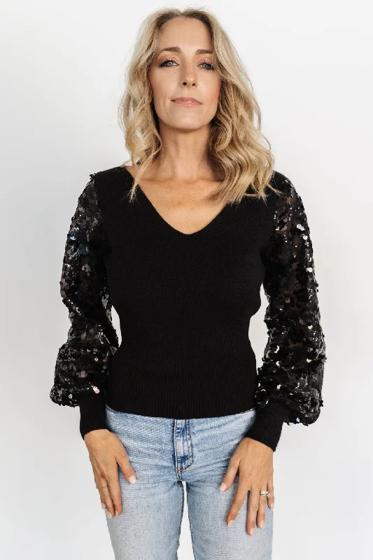 Mina Sequin Sleeve Top | Black