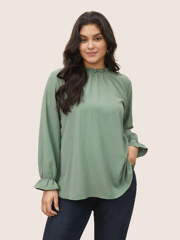 Plain Lantern Sleeve Ruffle Trim Mock Neck Blouse