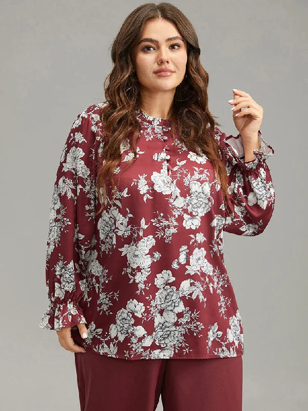 Silhouette Floral Print Frill Trim Button Detail Blouse