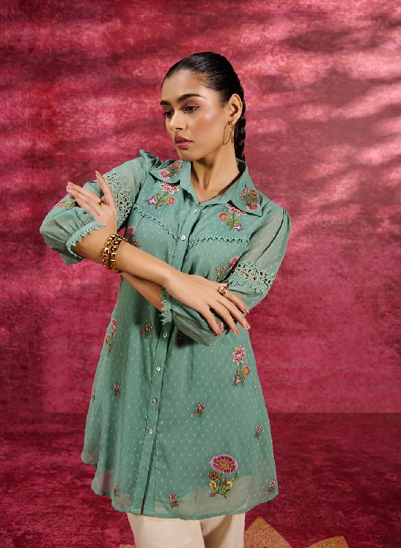 Breeze Sea Green Embroidered Georgette Shirt for Women