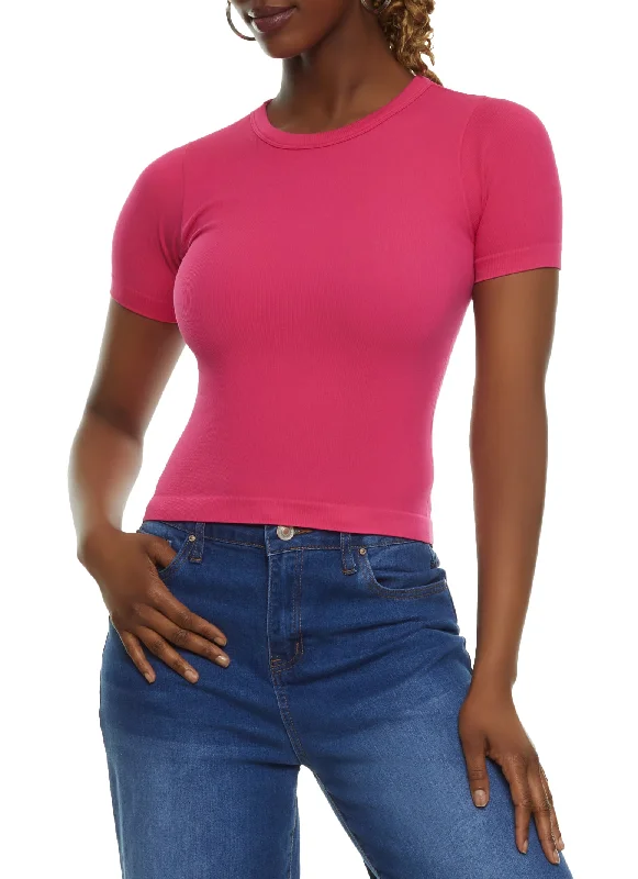 Seamless Ribbed Knit Crew Neck Top