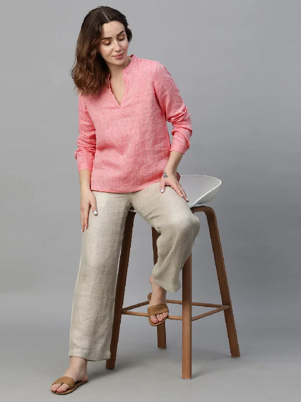 Women's Pink Linen Regular Fit Blouse