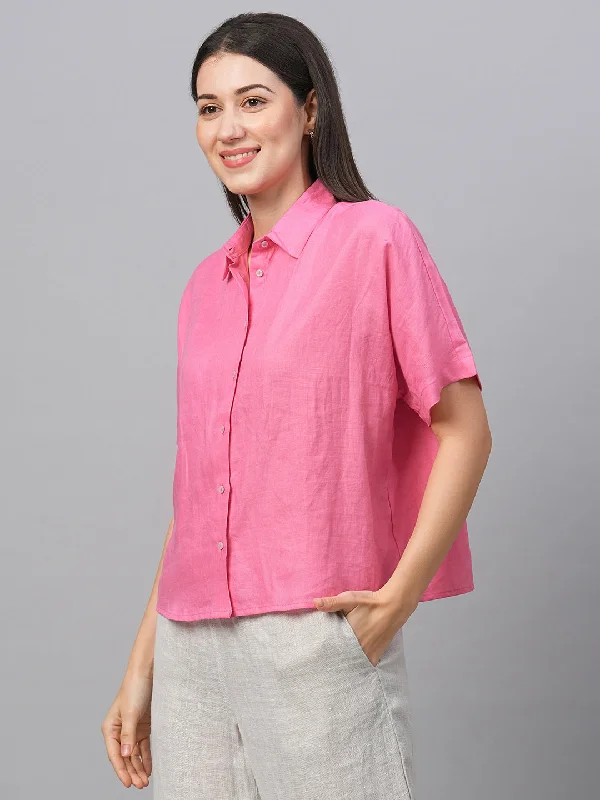 Women's Pink Linen Regular Fit Blouse