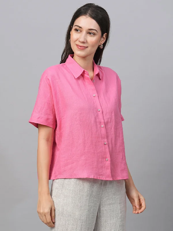 Women's Pink Linen Regular Fit Blouse