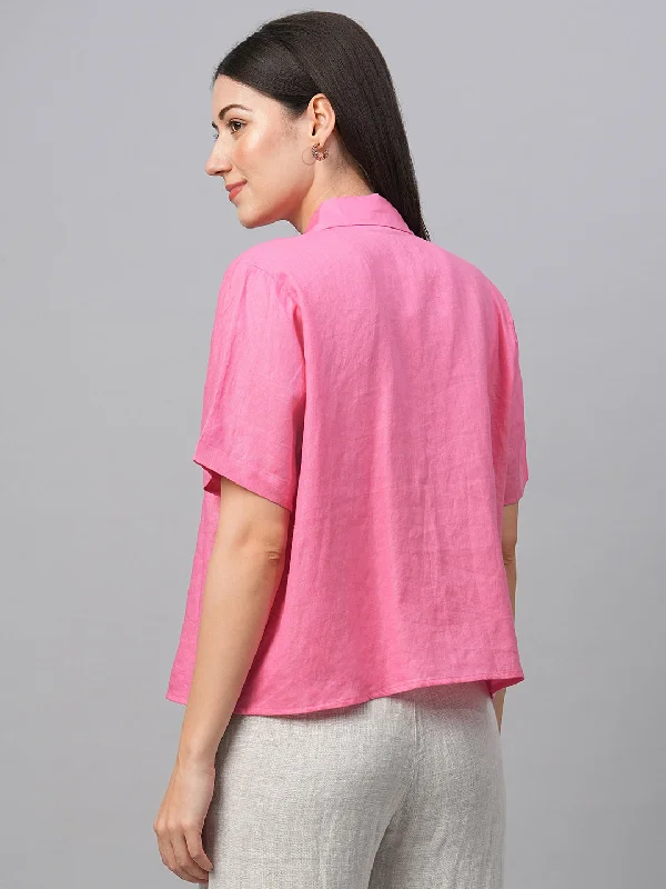 Women's Pink Linen Regular Fit Blouse