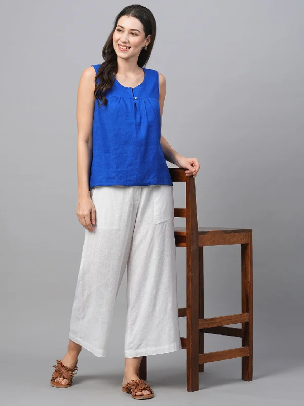 Women's Royalblue Linen Regular Fit Blouse