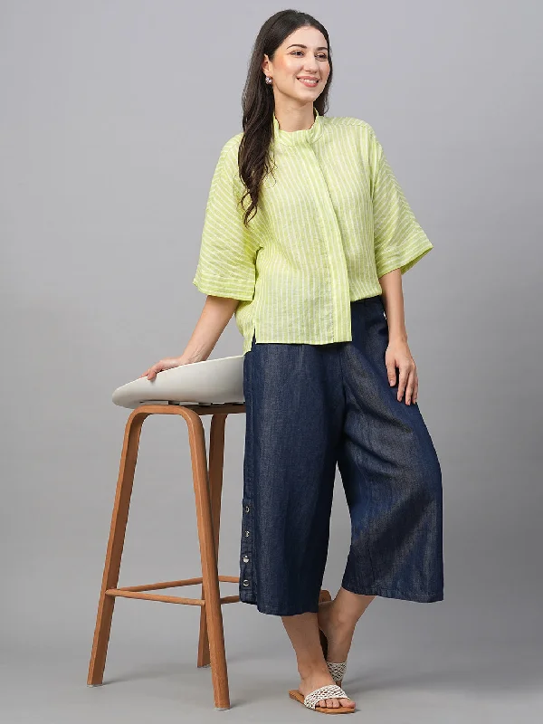 Women's Green Linen Boxy Fit Blouse