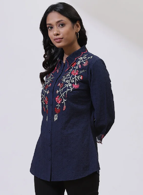 Midnight Blue Floral Embroidered Nargis Shirt with Ruffles