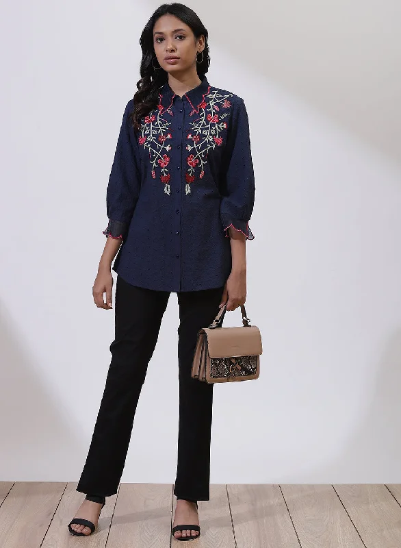 Midnight Blue Floral Embroidered Nargis Shirt with Ruffles