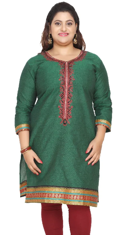 Plus Size Womens Indian Tunics Kurti Long Top Embroidered Apparel (Green)